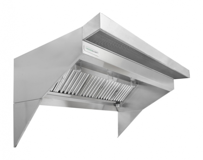 Low Ceiling Sloped Front Restaurant Hood w/PSP Makeup-Air 14'x48" 1448HLBPSP SHOP HOODS, HOODS ONLY, Low Profile Makeup Air Hood, Low Ceiling Sloped Front PSP