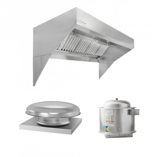 Hoodmart Low Ceiling Sloped Front Wall Canopy Hood Package W/Eco Makeup Air 18’ X 48” 2018L-DB SHOP HOODS, COMMERCIAL HOOD PACKAGES, Makeup-Air Hood Packages, Low Ceiling Sloped Front Short Cycle IPS
