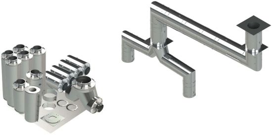 20"- Double Wall Kit, Reduced Clearance, Two 14" Connections, Grease Duct, Two 90's, 30' Straight, Including No Weld Hood and Fan Connections DWNAKS-RC-KIT17 SHOP HOODS, DUCTWORK, Double Wall Reduced Clearance Grease Duct Kits, Double Wall Kit - Straight W Pant Leg and 2 - 90'S