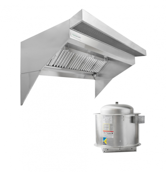 HoodMart Low Ceiling Sloped Front Tempered Exhaust Hood System - 5' x 48" EXH005LB-PSP-TEMP SHOP HOODS, COMMERCIAL HOOD PACKAGES, Makeup-Air Hood Packages, Low Ceiling Sloped Front PSP, Tempered Air