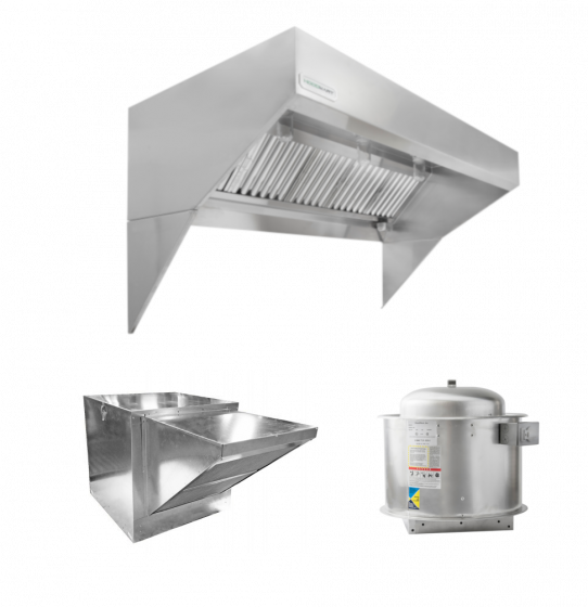 HoodMart Low Ceiling Sloped Front Wall Canopy Hood Package w/Makeup Air 10’ x 48” 2010LB SHOP HOODS, COMMERCIAL HOOD PACKAGES, Makeup-Air Hood Packages, Low Ceiling Sloped Front Short Cycle IPS