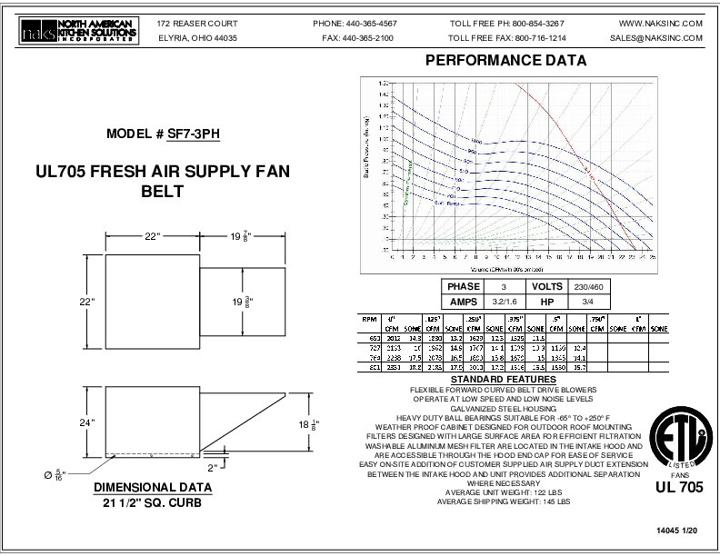 14045 SF7-3PHASE BELT DRIVE FRESH AIR SUPPLY FAN SPEC SHEET