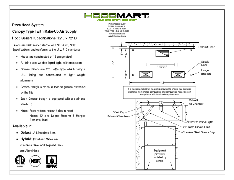 12ft x 72in Pizza Hood » Technical Specs