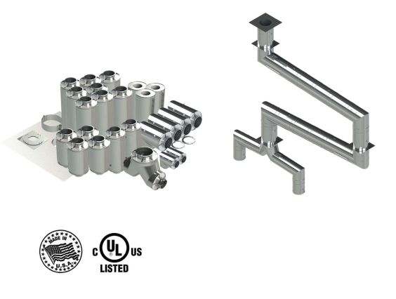 22"- Kit de Doble Pared, Espacio Reducido, Dos 16" Conexiones, Ducto de Grasa, Cuatro Codos de 90°, 50' Recto, Incluyendo Conexiones de Campana y Ventilador Sin Soldadura DWNAKS-RC-KIT21 COMPRAR, DUCTOS, Double Wall Reduced Clearance Grease Duct Kits, DOUBLE WALL KIT - STRAIGHT W PANT LEG AND 4 – 90'S